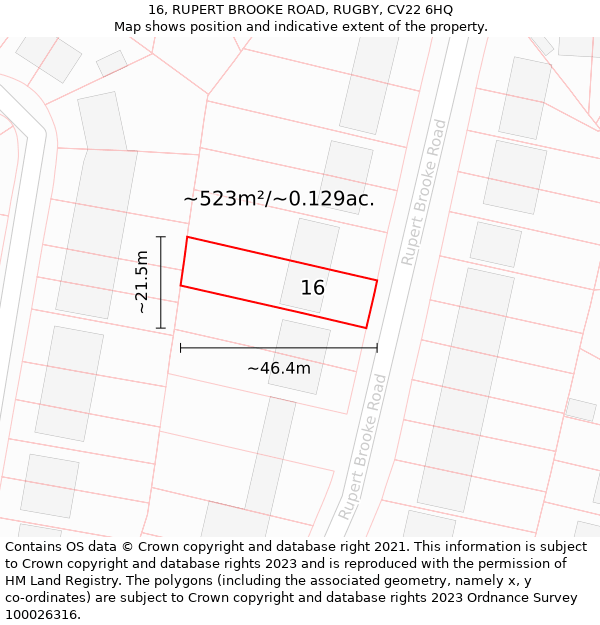 16, RUPERT BROOKE ROAD, RUGBY, CV22 6HQ: Plot and title map