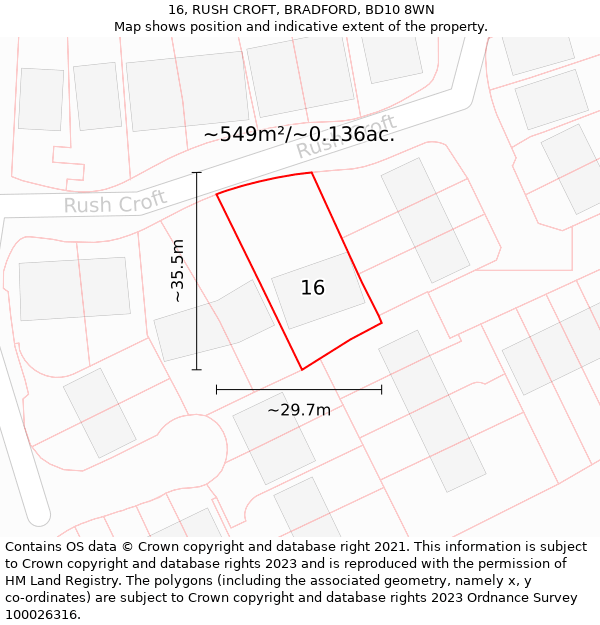 16, RUSH CROFT, BRADFORD, BD10 8WN: Plot and title map