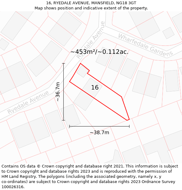 16, RYEDALE AVENUE, MANSFIELD, NG18 3GT: Plot and title map