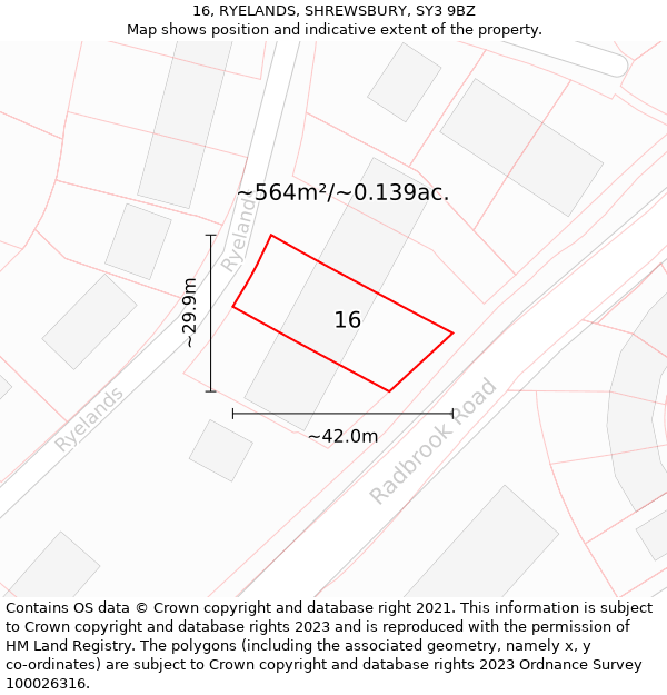 16, RYELANDS, SHREWSBURY, SY3 9BZ: Plot and title map