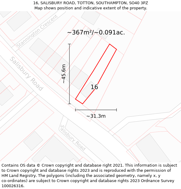 16, SALISBURY ROAD, TOTTON, SOUTHAMPTON, SO40 3PZ: Plot and title map