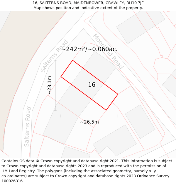 16, SALTERNS ROAD, MAIDENBOWER, CRAWLEY, RH10 7JE: Plot and title map