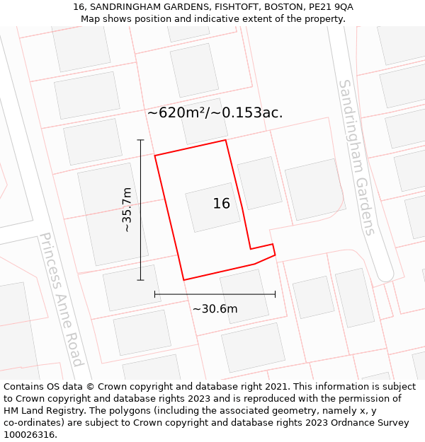 16, SANDRINGHAM GARDENS, FISHTOFT, BOSTON, PE21 9QA: Plot and title map