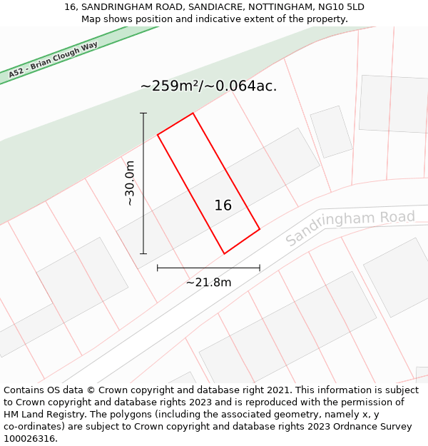 16, SANDRINGHAM ROAD, SANDIACRE, NOTTINGHAM, NG10 5LD: Plot and title map