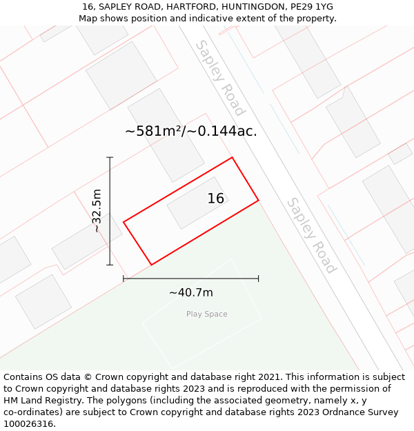 16, SAPLEY ROAD, HARTFORD, HUNTINGDON, PE29 1YG: Plot and title map