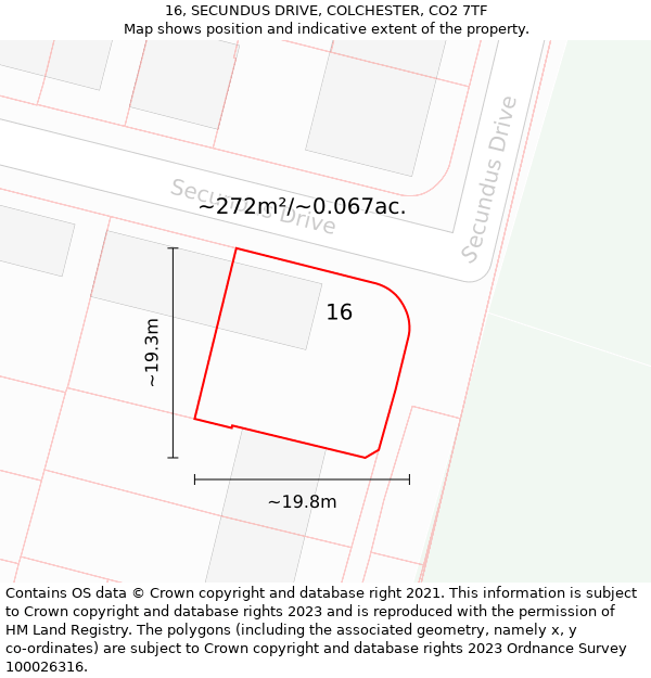 16, SECUNDUS DRIVE, COLCHESTER, CO2 7TF: Plot and title map