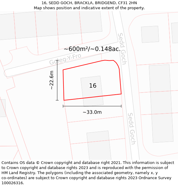 16, SEDD GOCH, BRACKLA, BRIDGEND, CF31 2HN: Plot and title map