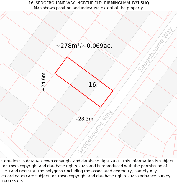 16, SEDGEBOURNE WAY, NORTHFIELD, BIRMINGHAM, B31 5HQ: Plot and title map