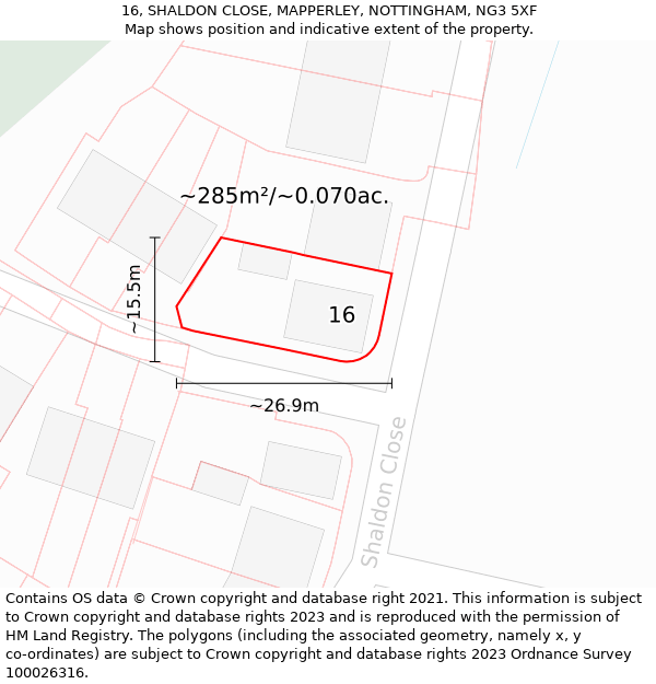 16, SHALDON CLOSE, MAPPERLEY, NOTTINGHAM, NG3 5XF: Plot and title map