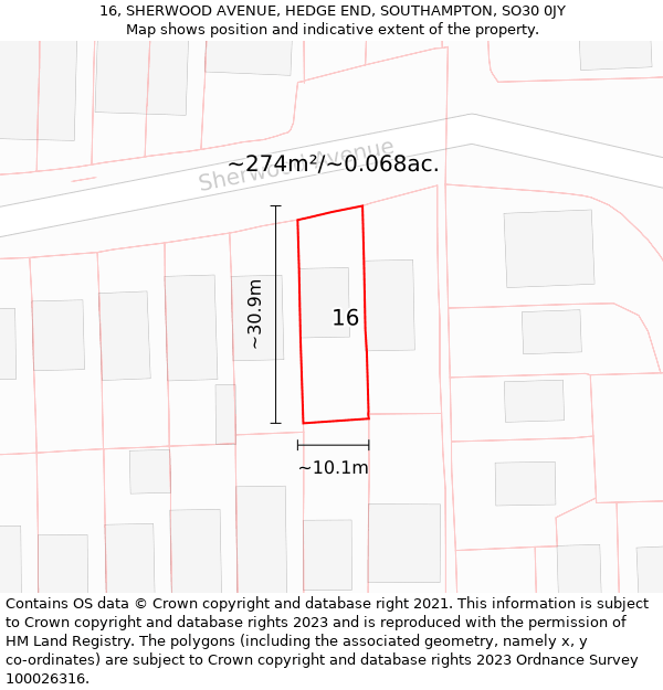 16, SHERWOOD AVENUE, HEDGE END, SOUTHAMPTON, SO30 0JY: Plot and title map