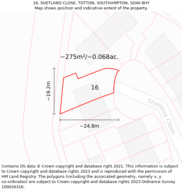 16, SHETLAND CLOSE, TOTTON, SOUTHAMPTON, SO40 8HY: Plot and title map