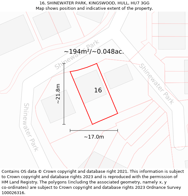 16, SHINEWATER PARK, KINGSWOOD, HULL, HU7 3GG: Plot and title map