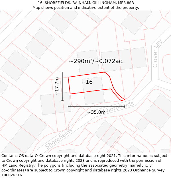 16, SHOREFIELDS, RAINHAM, GILLINGHAM, ME8 8SB: Plot and title map