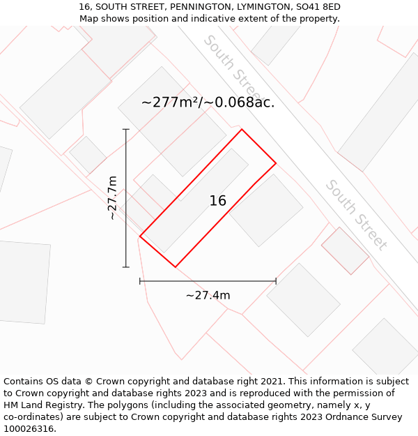 16, SOUTH STREET, PENNINGTON, LYMINGTON, SO41 8ED: Plot and title map