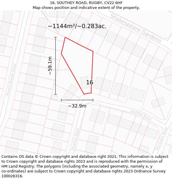 16, SOUTHEY ROAD, RUGBY, CV22 6HF: Plot and title map