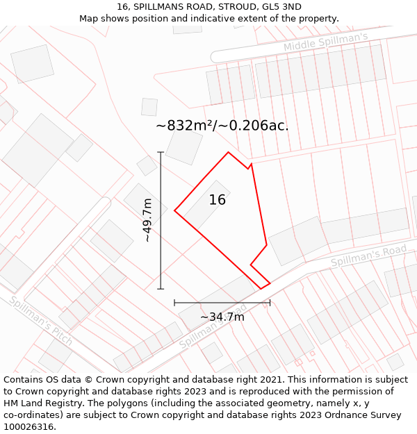 16, SPILLMANS ROAD, STROUD, GL5 3ND: Plot and title map