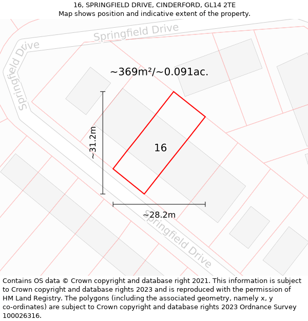 16, SPRINGFIELD DRIVE, CINDERFORD, GL14 2TE: Plot and title map