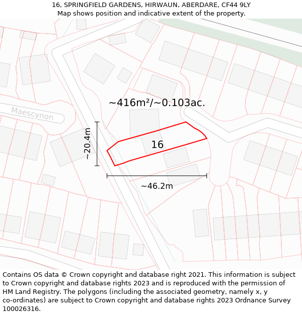 16, SPRINGFIELD GARDENS, HIRWAUN, ABERDARE, CF44 9LY: Plot and title map