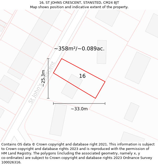 16, ST JOHNS CRESCENT, STANSTED, CM24 8JT: Plot and title map