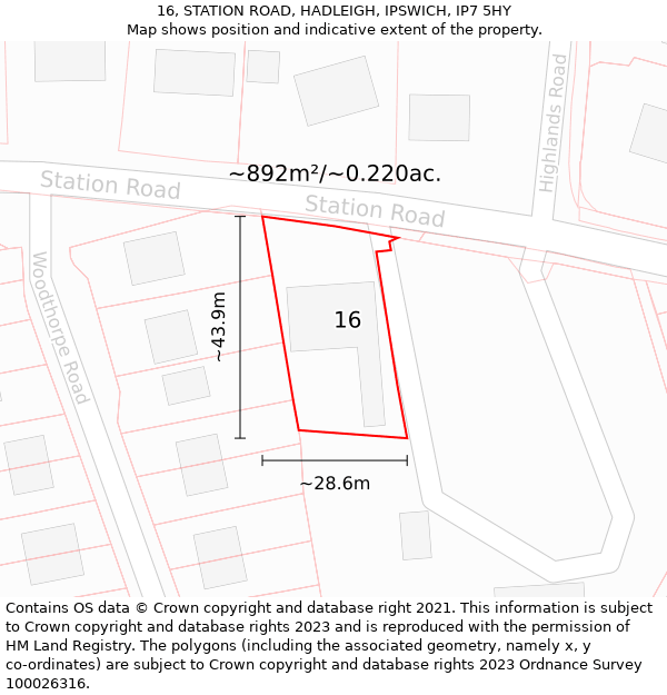 16, STATION ROAD, HADLEIGH, IPSWICH, IP7 5HY: Plot and title map