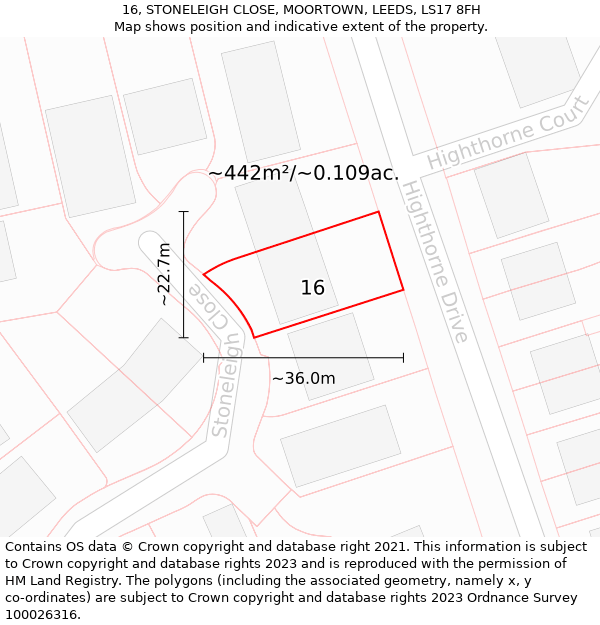 16, STONELEIGH CLOSE, MOORTOWN, LEEDS, LS17 8FH: Plot and title map