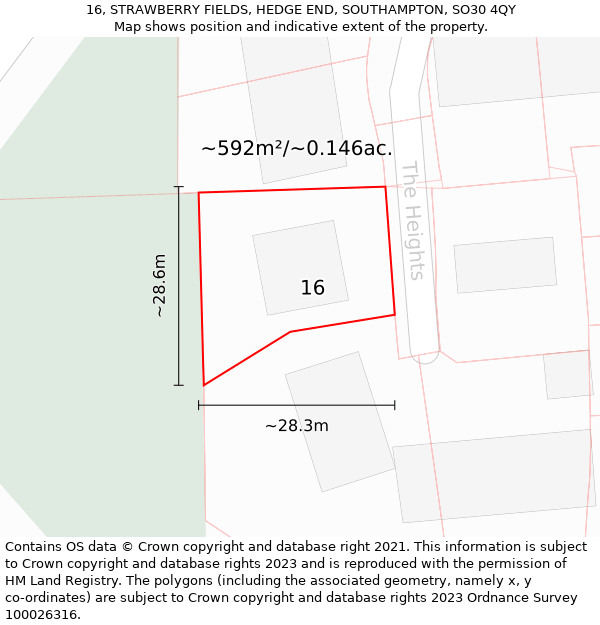 16, STRAWBERRY FIELDS, HEDGE END, SOUTHAMPTON, SO30 4QY: Plot and title map