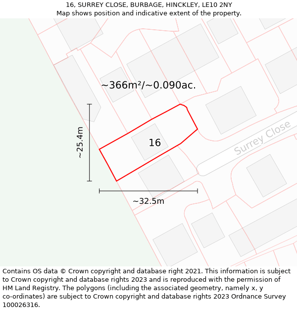 16, SURREY CLOSE, BURBAGE, HINCKLEY, LE10 2NY: Plot and title map