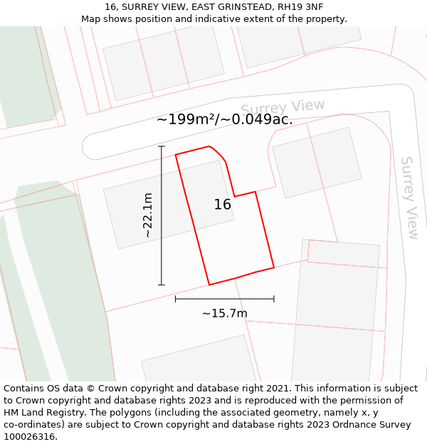 16, SURREY VIEW, EAST GRINSTEAD, RH19 3NF: Plot and title map