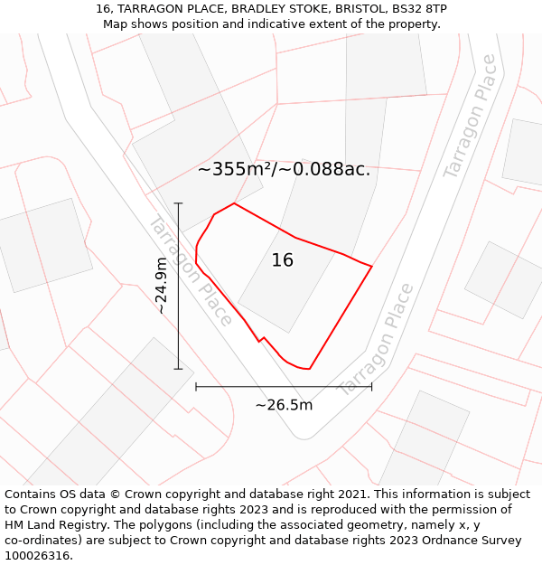 16, TARRAGON PLACE, BRADLEY STOKE, BRISTOL, BS32 8TP: Plot and title map