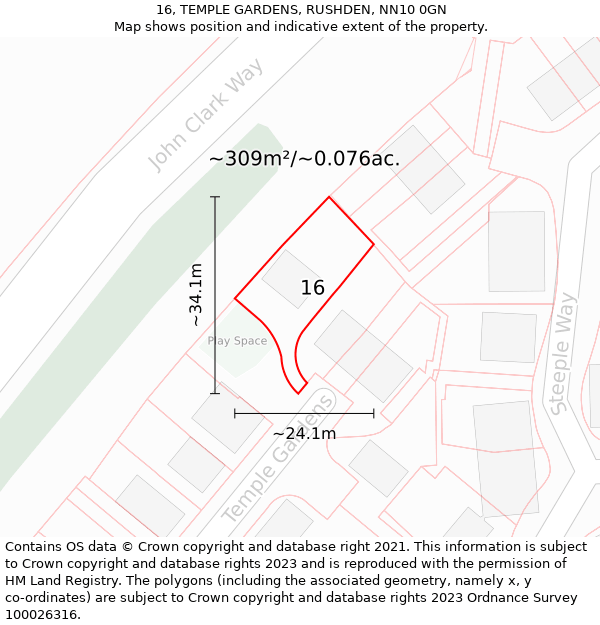 16, TEMPLE GARDENS, RUSHDEN, NN10 0GN: Plot and title map