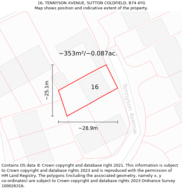 16, TENNYSON AVENUE, SUTTON COLDFIELD, B74 4YG: Plot and title map