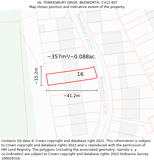 16, TEWKESBURY DRIVE, BEDWORTH, CV12 9ST: Plot and title map