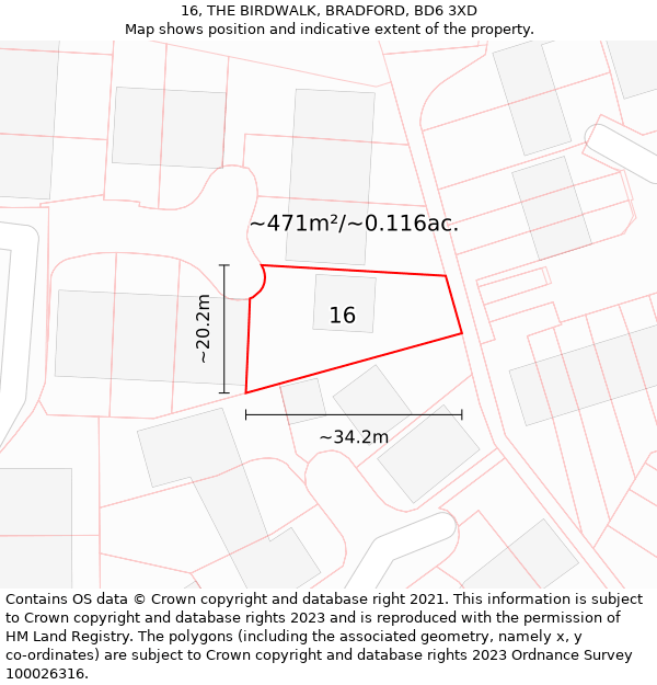 16, THE BIRDWALK, BRADFORD, BD6 3XD: Plot and title map