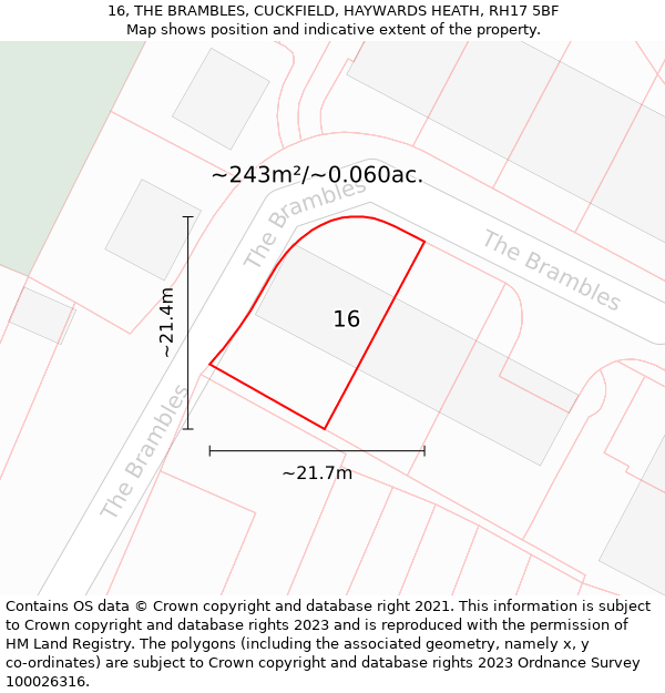 16, THE BRAMBLES, CUCKFIELD, HAYWARDS HEATH, RH17 5BF: Plot and title map