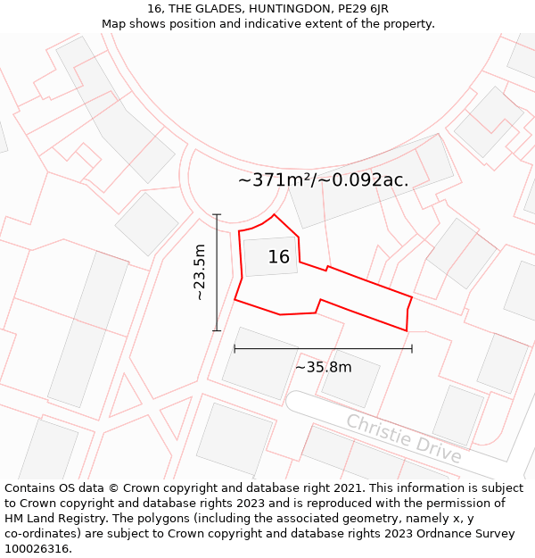 16, THE GLADES, HUNTINGDON, PE29 6JR: Plot and title map