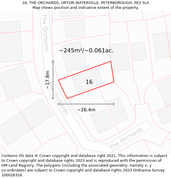 16, THE ORCHARDS, ORTON WATERVILLE, PETERBOROUGH, PE2 5LA: Plot and title map