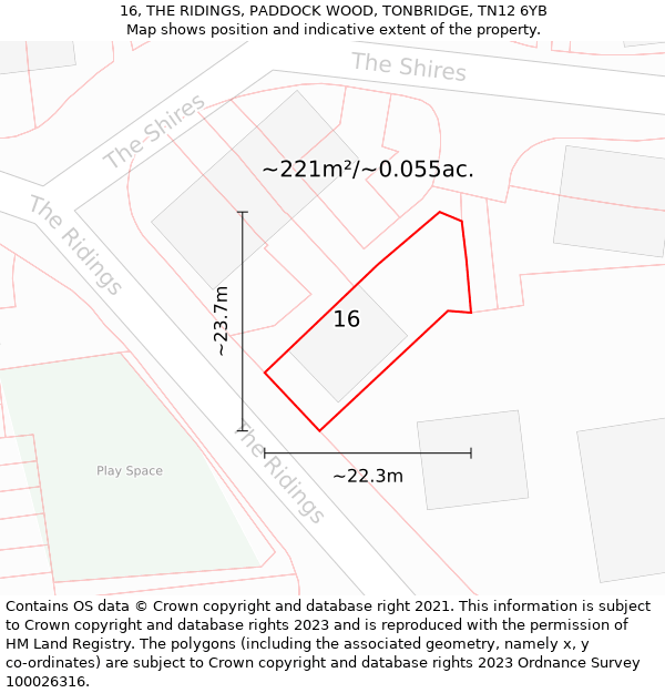 16, THE RIDINGS, PADDOCK WOOD, TONBRIDGE, TN12 6YB: Plot and title map