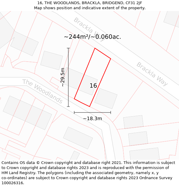 16, THE WOODLANDS, BRACKLA, BRIDGEND, CF31 2JF: Plot and title map