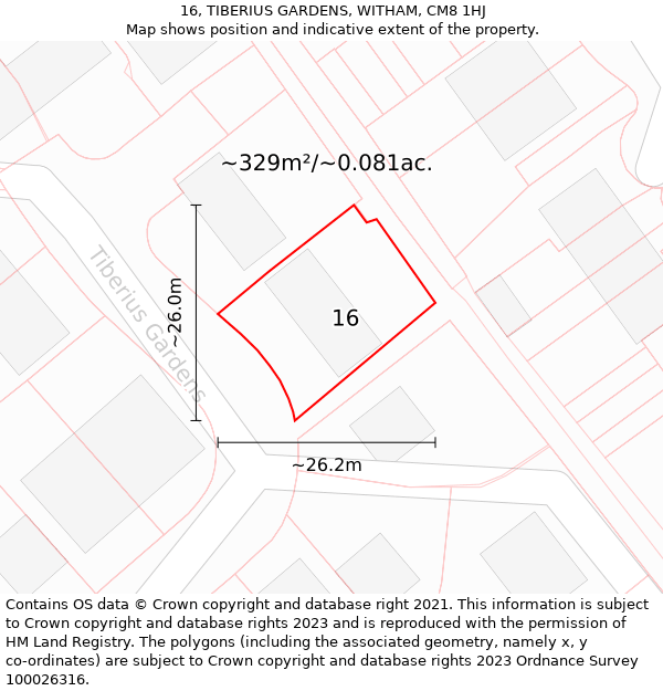 16, TIBERIUS GARDENS, WITHAM, CM8 1HJ: Plot and title map