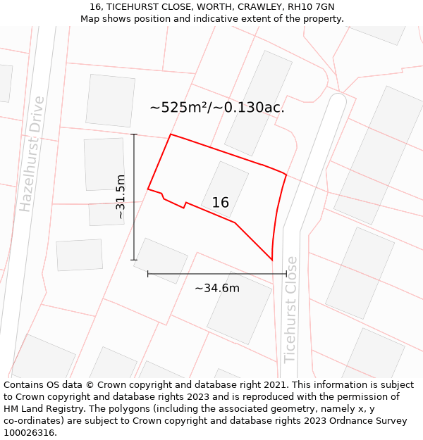 16, TICEHURST CLOSE, WORTH, CRAWLEY, RH10 7GN: Plot and title map