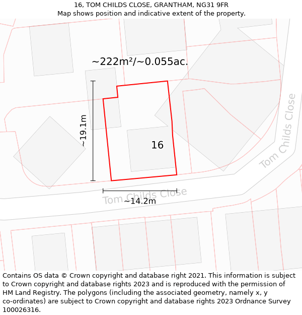 16, TOM CHILDS CLOSE, GRANTHAM, NG31 9FR: Plot and title map