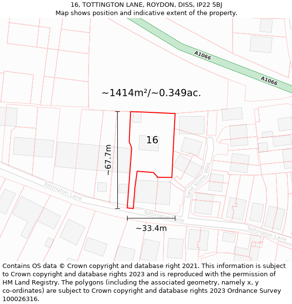 16, TOTTINGTON LANE, ROYDON, DISS, IP22 5BJ: Plot and title map