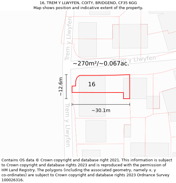 16, TREM Y LLWYFEN, COITY, BRIDGEND, CF35 6GG: Plot and title map