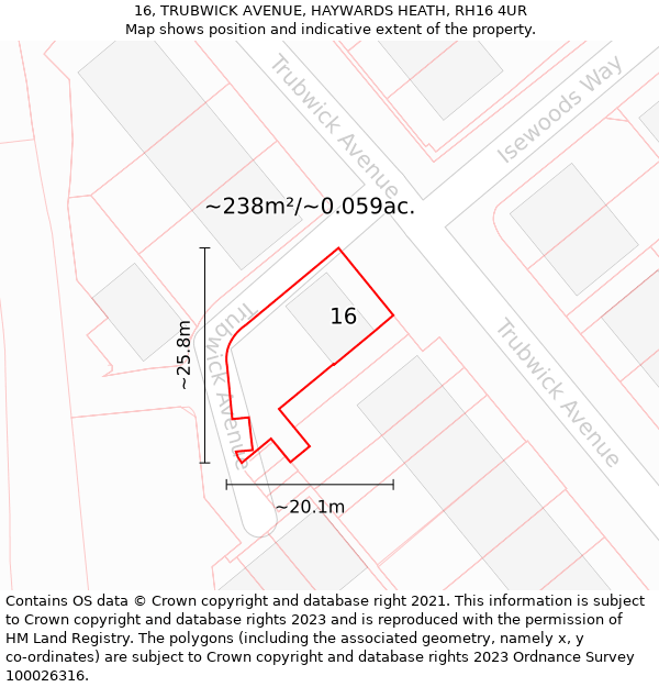 16, TRUBWICK AVENUE, HAYWARDS HEATH, RH16 4UR: Plot and title map