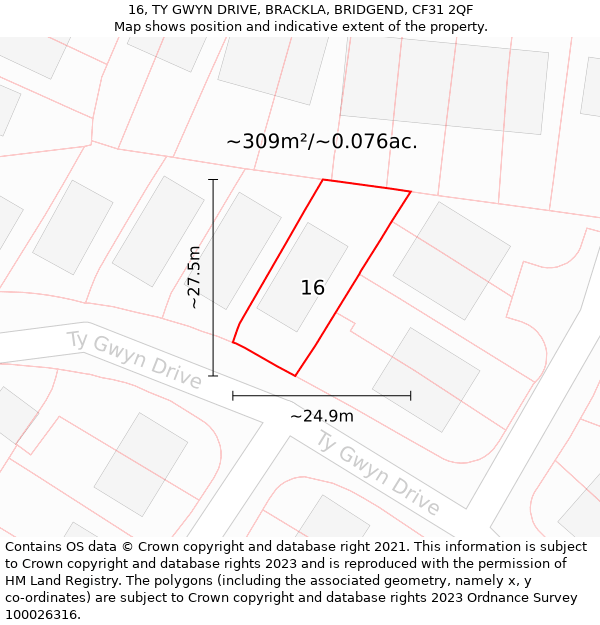 16, TY GWYN DRIVE, BRACKLA, BRIDGEND, CF31 2QF: Plot and title map