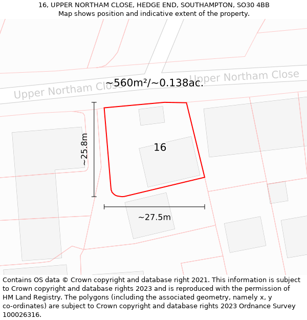 16, UPPER NORTHAM CLOSE, HEDGE END, SOUTHAMPTON, SO30 4BB: Plot and title map