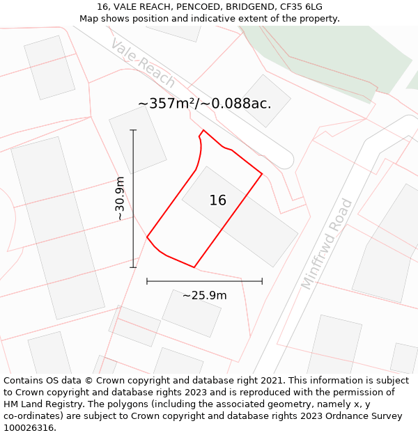 16, VALE REACH, PENCOED, BRIDGEND, CF35 6LG: Plot and title map