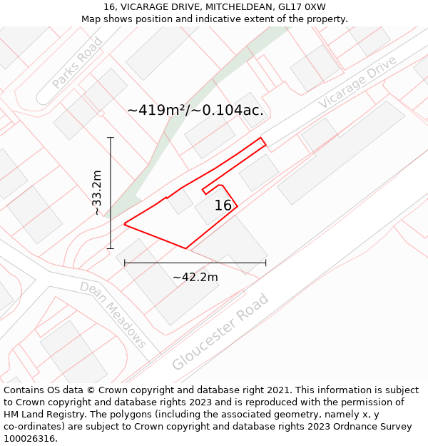 16, VICARAGE DRIVE, MITCHELDEAN, GL17 0XW: Plot and title map