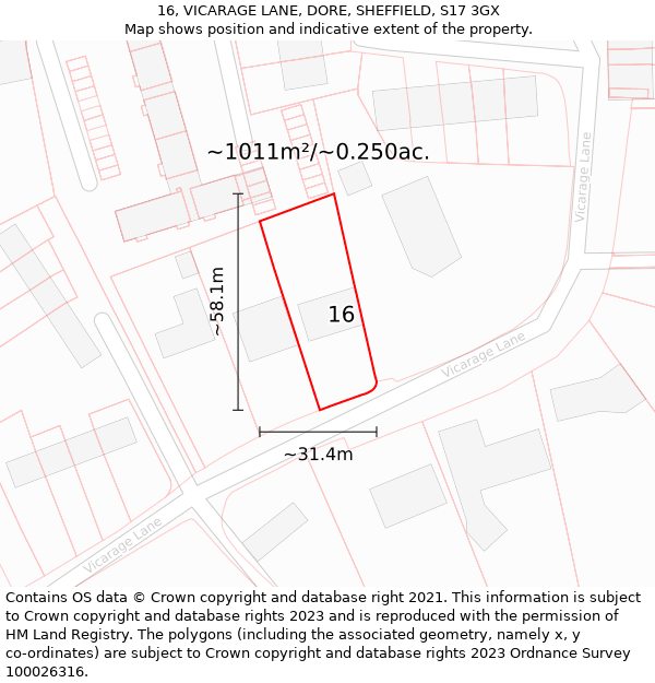 16, VICARAGE LANE, DORE, SHEFFIELD, S17 3GX: Plot and title map