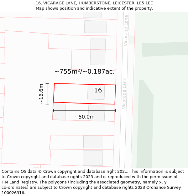 16, VICARAGE LANE, HUMBERSTONE, LEICESTER, LE5 1EE: Plot and title map